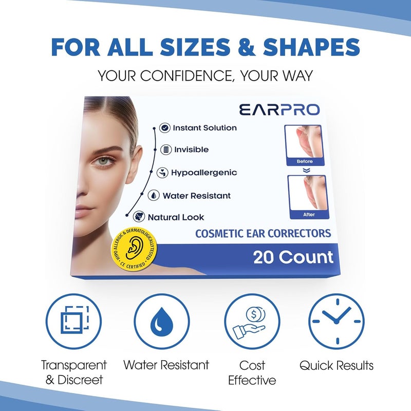 Earo مصحح الأذن التجميلي EarPro – لاصقات لاصقة أقوى، تثبت الأذنين البارزتين بدون جراحة – لاصقات غير مرئية ومقاومة للماء للبالغين لتصحيح وضع الأذن – عبوة 20 – حجم واحد شفاف - Image 5